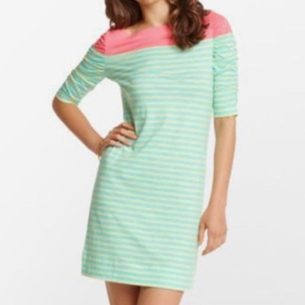 Lilly Pulitzer Kaleb Dress Womens L Blue Green Pink Striped Ruched Sleeve Casual